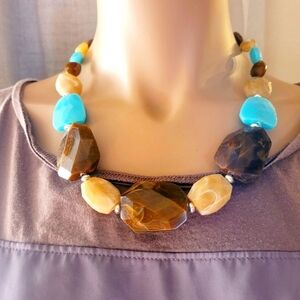 Chunky brown and teal beaded necklace, statement jewlery